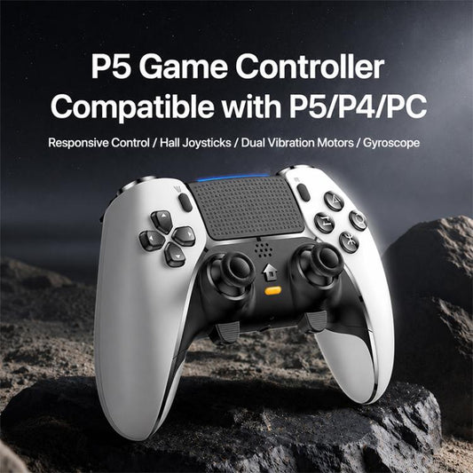 White wireless game controller with textured center panel and dual thumbsticks