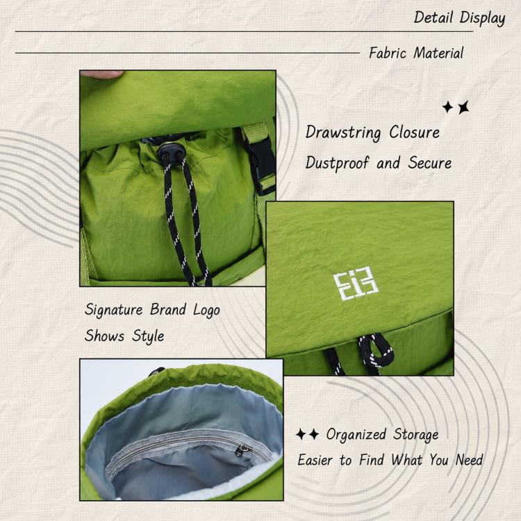 Green backpack detail with drawstring closure and organized interior storage