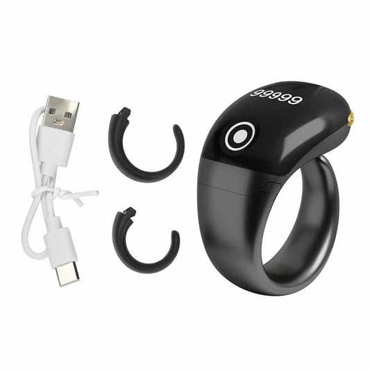Black smart counting prayer ring with OLED digits and round touch button on front