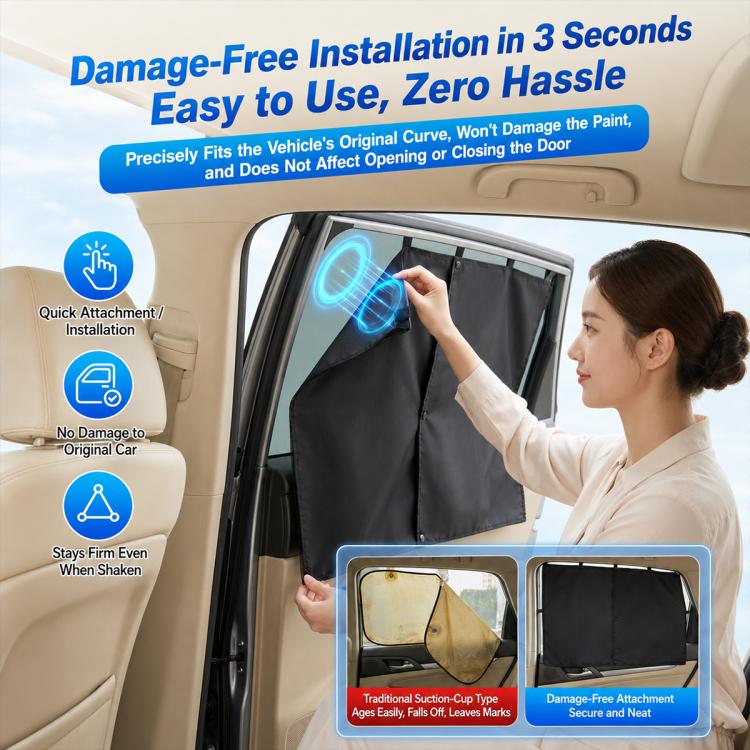 Black car window privacy curtain shade with easy-attachment design