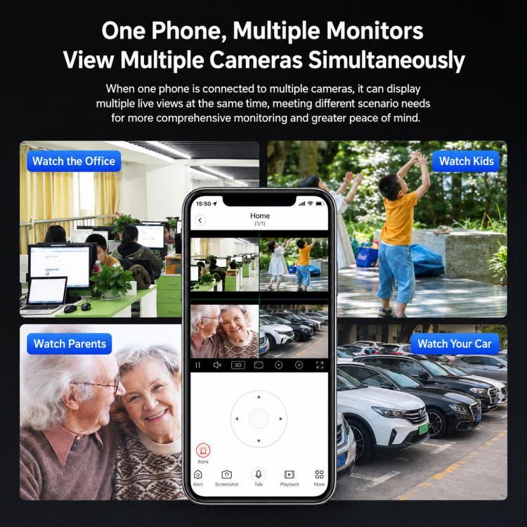 Wireless home security camera multi-view feature graphic with smartphone app and camera icons