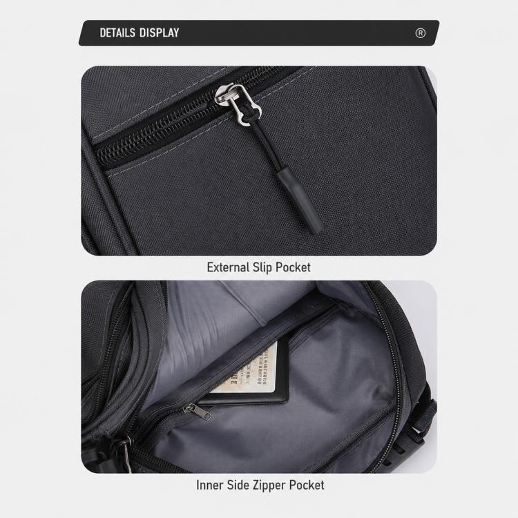 Men's black crossbody bag with external slip pocket and inner zip pocket, Oxford cloth