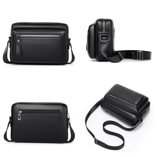 Black shoulder crossbody bag with zip front, adjustable strap, and side carry handles.