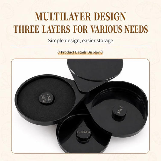 Three-tier black salt rimmer box with rotating round trays and labeled salt and sugar caps
