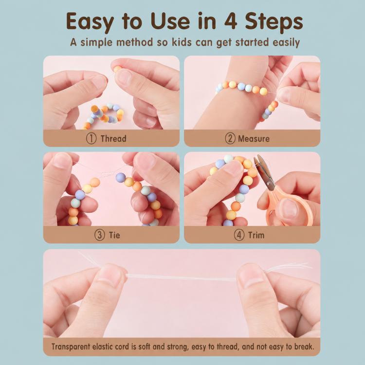 Hands threading beads onto elastic cord for DIY bracelet making in 4 steps