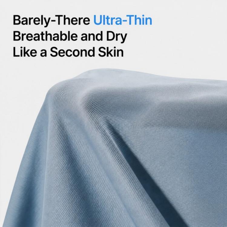 Ultra-thin breathable boxer brief fabric, blue, close-up knit texture.