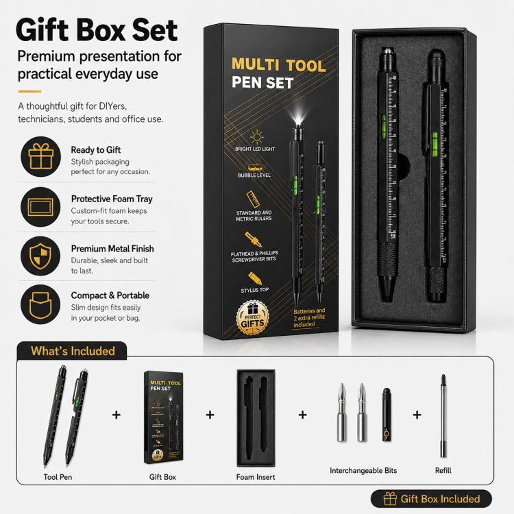Multi-tool pen gift set in box with two pens, bits, and refill
