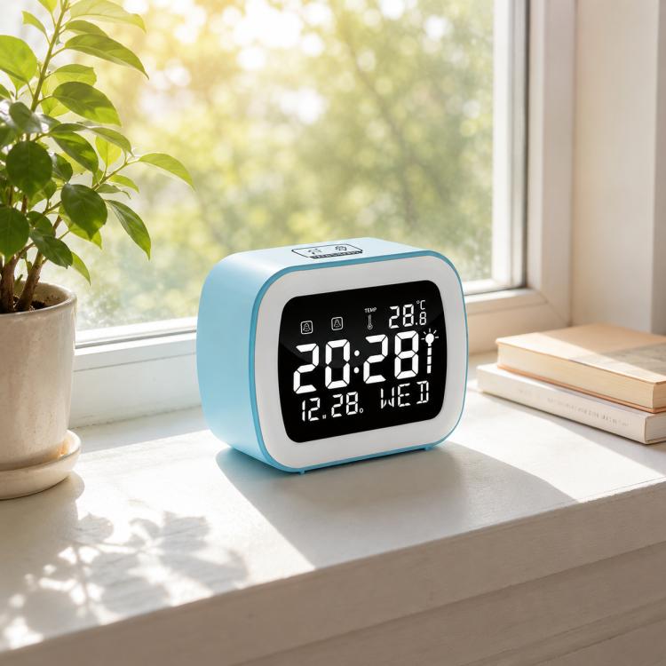 Sky blue LED digital alarm clock with temperature display and night light