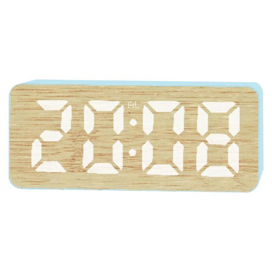 Bamboo-texture LED digital alarm clock with bright white time digits on light blue trim.