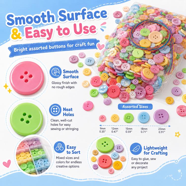 Assorted round resin buttons kit in a clear pouch with colorful buttons and wire