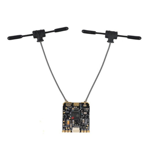 FlySky PR02 ELRS diversity receiver module with two black snap antennas