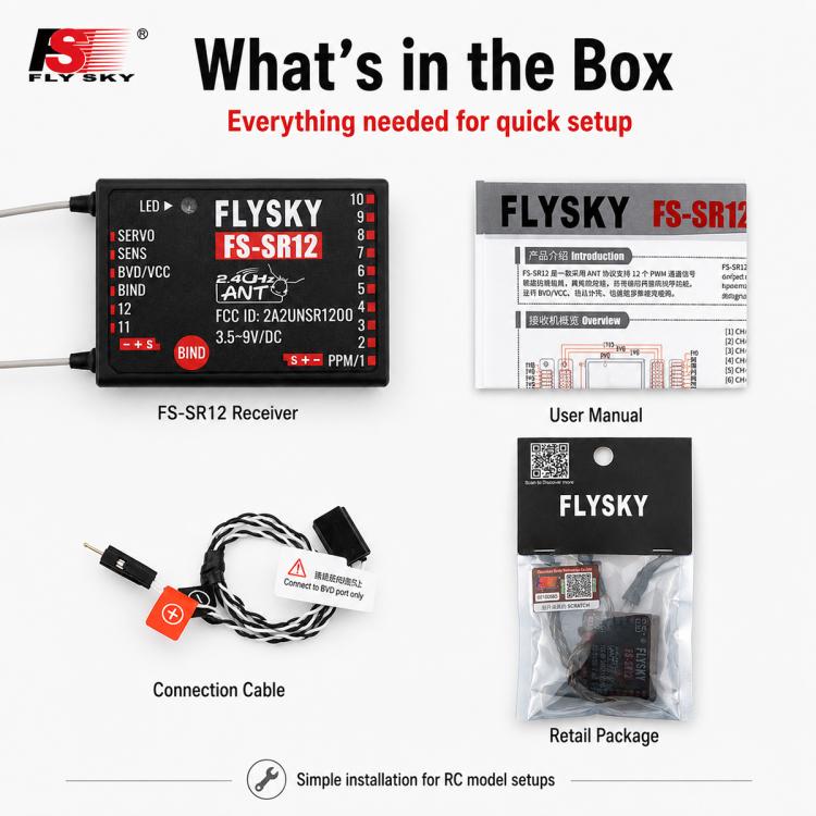 FlySky FS-SR12 RC receiver kit with connection cable and user manual