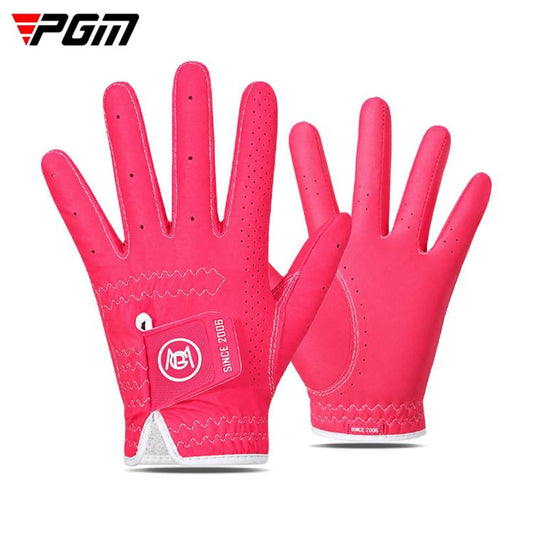 Pair of red kids golf gloves with perforated fingers and padded palm