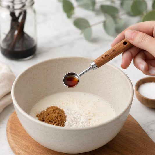 Stainless steel measuring cup spoon with wooden handle measuring spices into a bowl