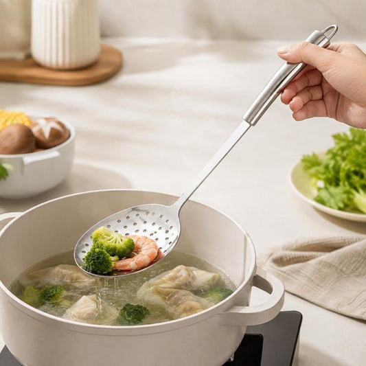 Stainless steel slotted skimmer spoon lifting shrimp and vegetables from boiling water