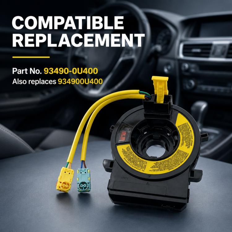 Steering wheel clock spring spiral cable with black housing and yellow connectors on dashboard