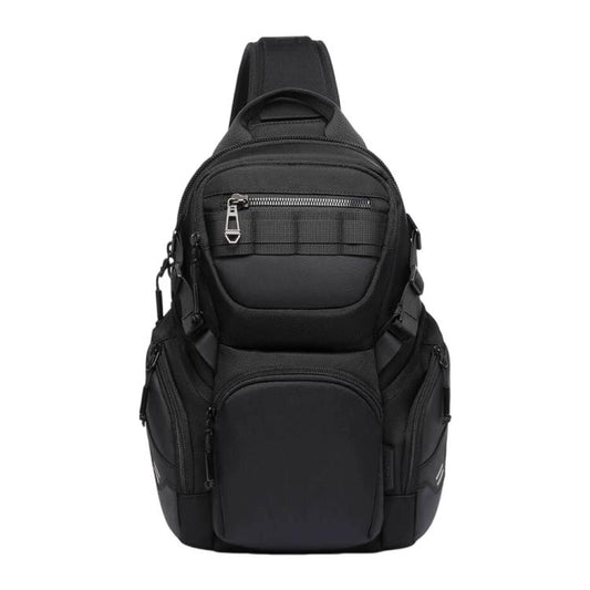 Black multifunction sling chest bag with top handle, front zip pocket, and adjustable strap.