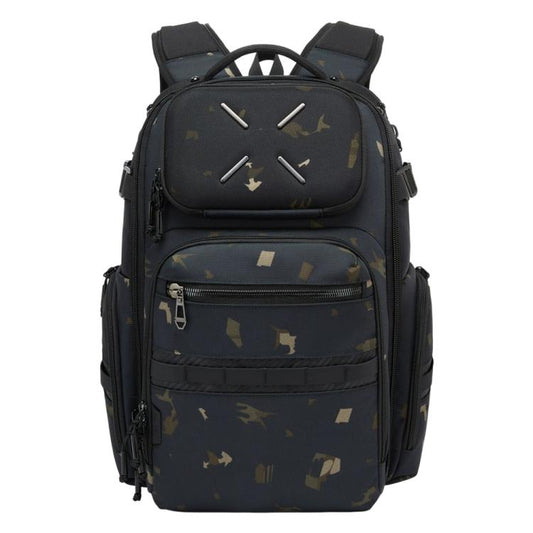 Men's waterproof laptop backpack, dark camouflage print with front zip pocket and straps