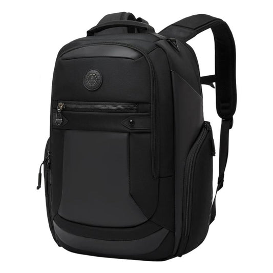 Black waterproof business backpack with front zip pocket and padded laptop compartment.