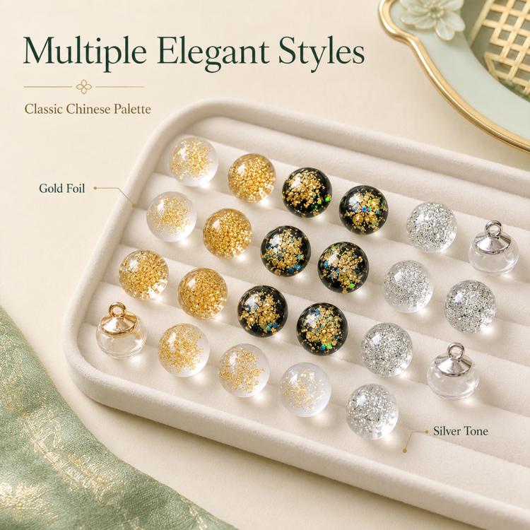 Tray set of gold foil glass bead knot buttons in gold, silver, and black-gold finishes