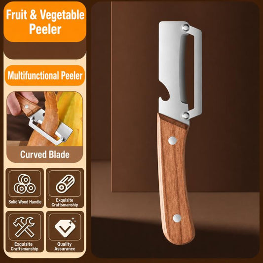 Fruit and vegetable peeler with curved stainless blade and solid wood handle.