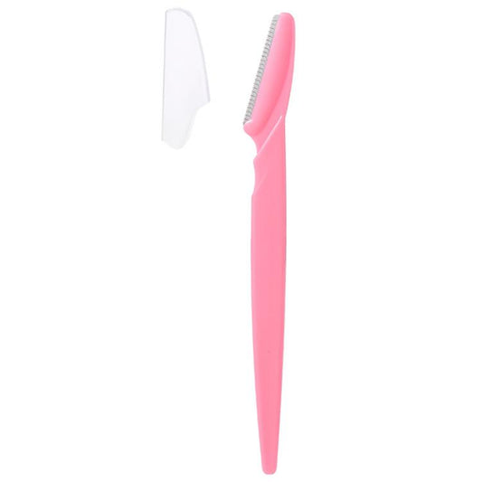 Pink eyebrow razor with white anti-cut safety guard and toothed blade edge.