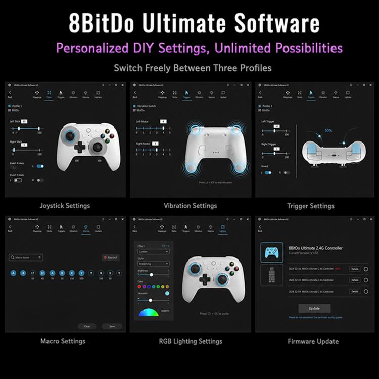 Gamepad software settings with controller previews: joystick, vibration, trigger
