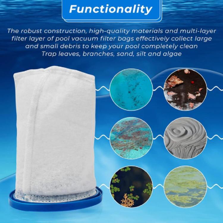 Pool vacuum fleece filter bag, white multi-layer pouch with blue base ring