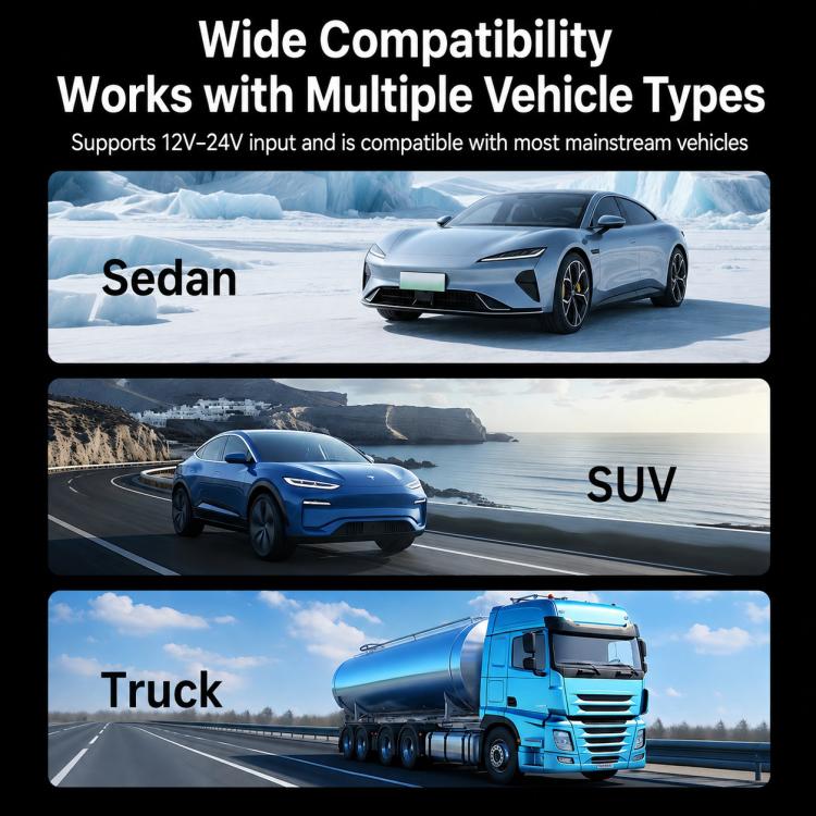 Vehicle compatibility graphic for car charger with multiple vehicle types shown