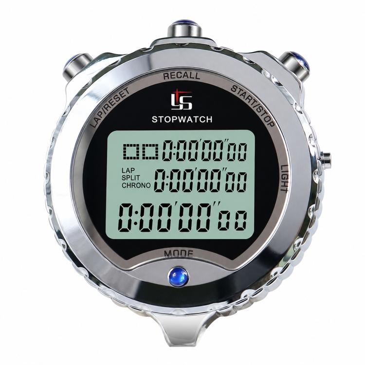 Round silver digital sports stopwatch with LCD display and blue button accents