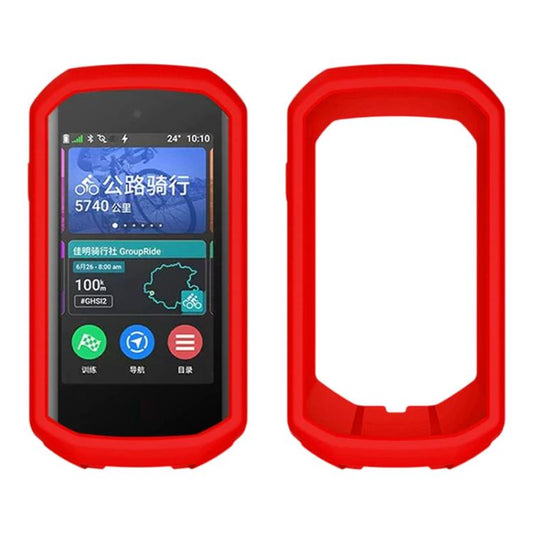 Red silicone protective cover for bike GPS, front screen and open back view