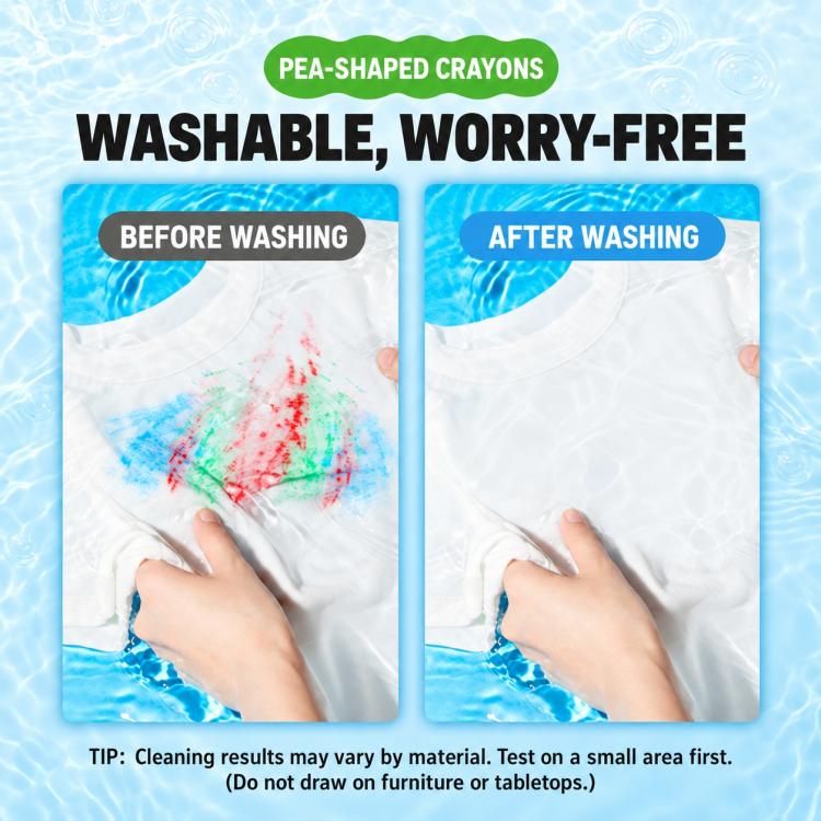 Pea-shaped washable oil pastel crayons packaging, before/after washing hands
