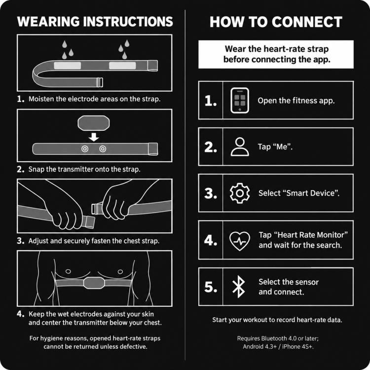 XOSS heart-rate chest strap with wearing and connection instructions for app setup.