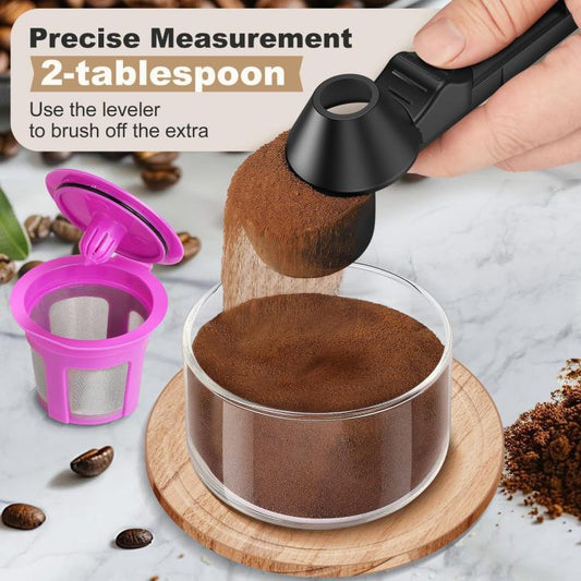 LsCook no-spill coffee scoop spoon with grounds over clear glass measuring bowl