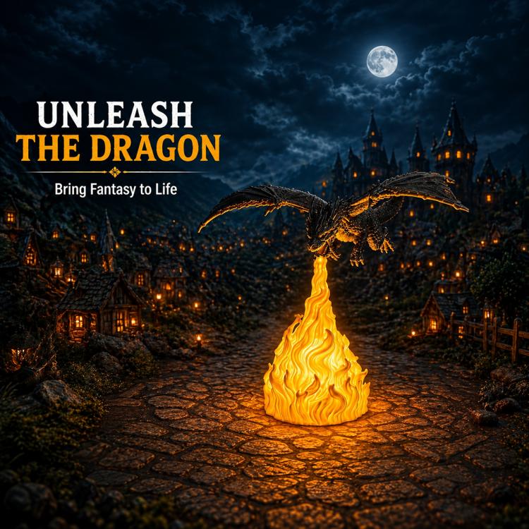 Black dragon night light with yellow flames, dragon silhouette in front of castle town view.