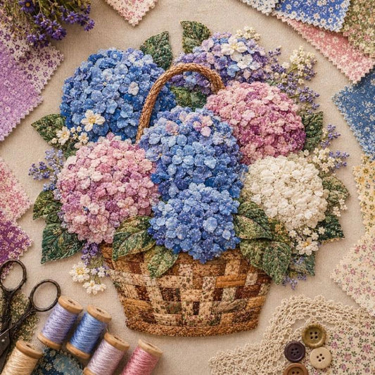 Floral basket patchwork kit with blue hydrangea-style flowers in a woven basket