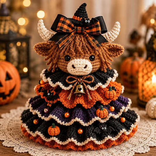 Crochet Halloween tabletop decor DIY kit: highland cow character with witch hat and bell