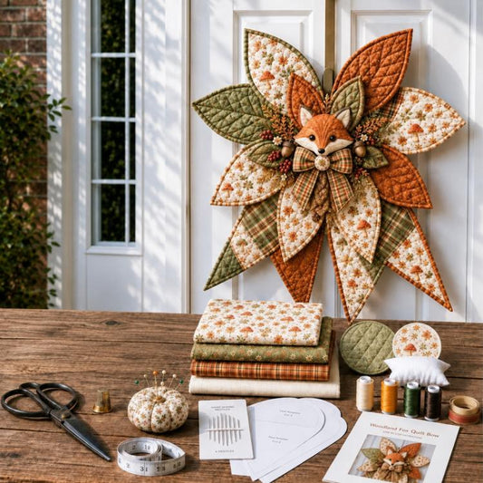 Quilted fox bow sewing kit with patchwork fabric pieces and instructions
