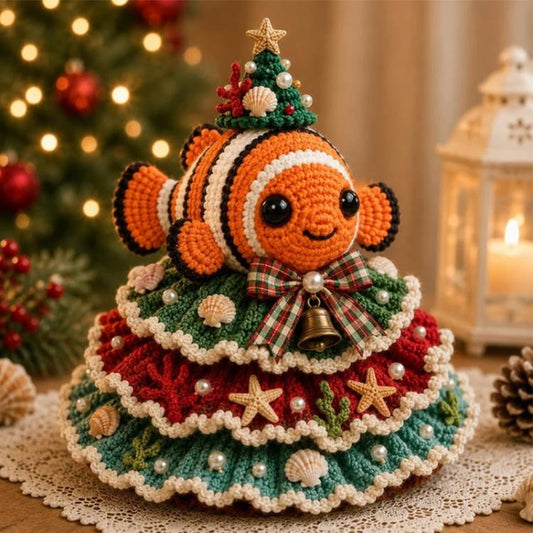 Crochet clownfish Christmas tree DIY kit figure with smiling face and bell topper