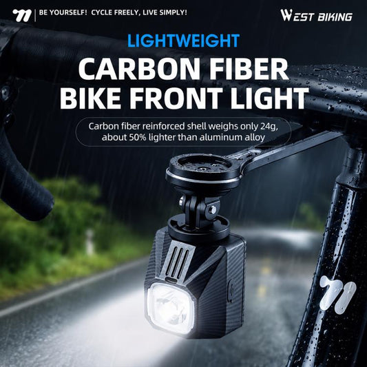 Bike front light with carbon-fiber style housing and square LED headlamp on mount