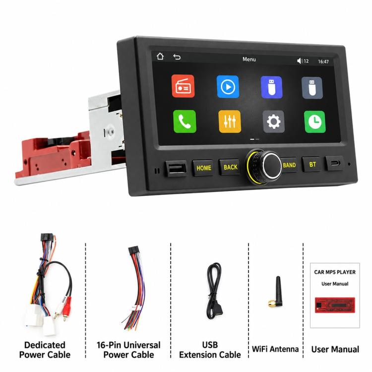 Car MP5 player head unit with touchscreen and included accessories kit, side view