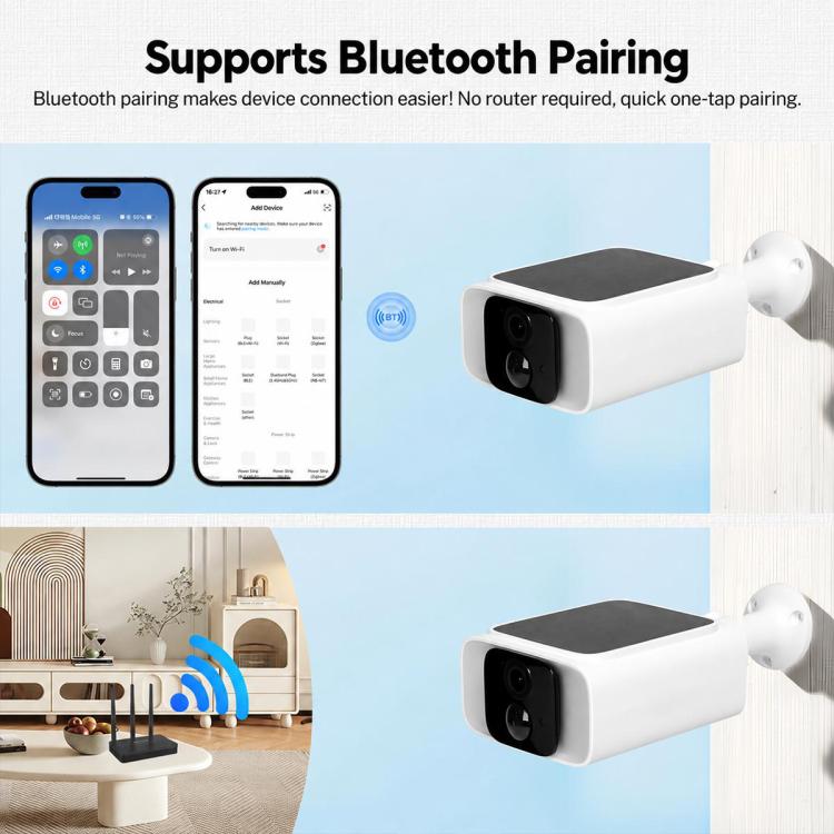 Outdoor WiFi security camera with Bluetooth pairing screens on smartphones