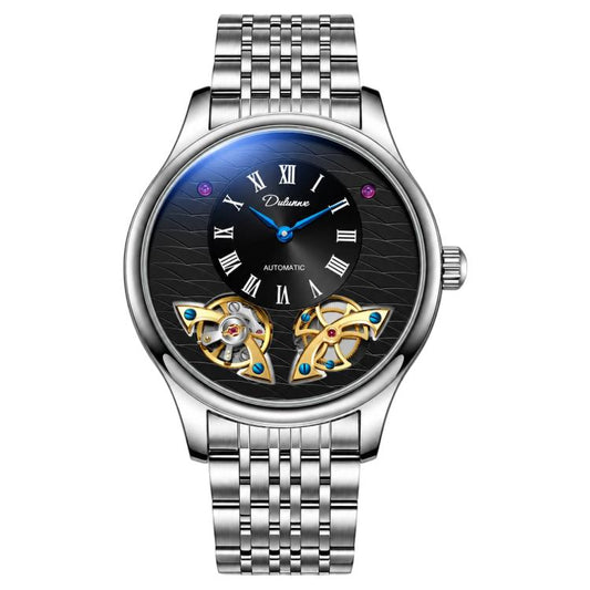 Men's automatic mechanical watch with dark dial and silver metal bracelet strap