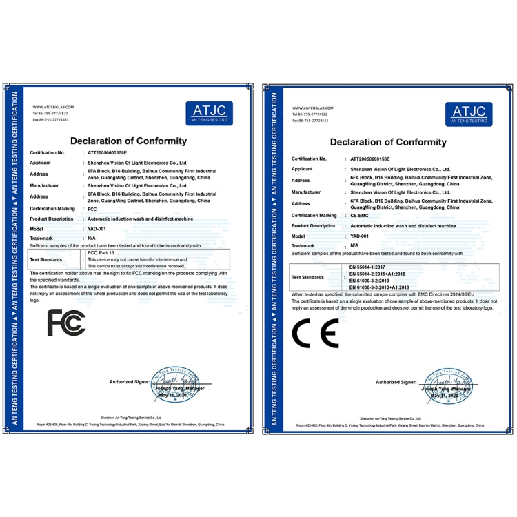 Two Declaration of Conformity certificate pages for the infrared thermometer sanitizer dispenser