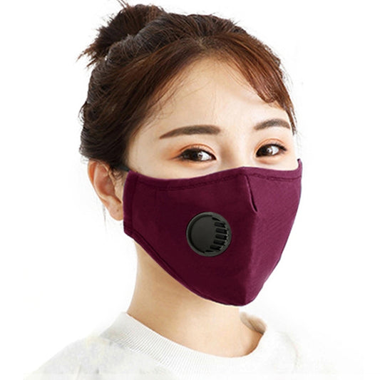 Washable dark red face mask with round breath valve for PM2.5 dust protection
