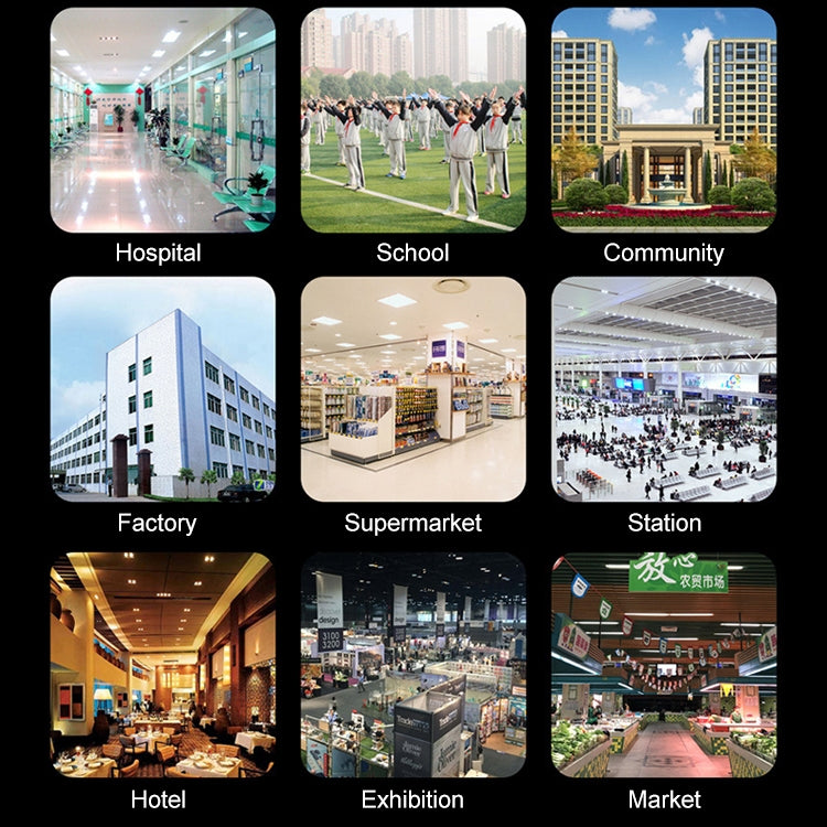 Multi-location scene collage featuring contactless thermometer and soap dispenser