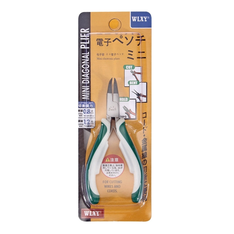 Product package for WLXY electronic pliers, showing green and white tool and icons