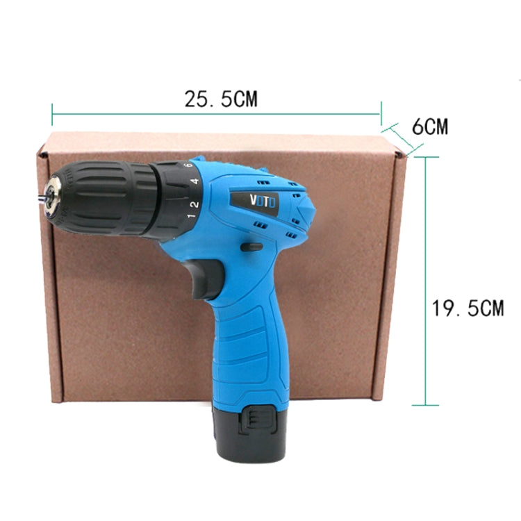 VOTO 12V cordless drill shown with brown product box and size dimensions