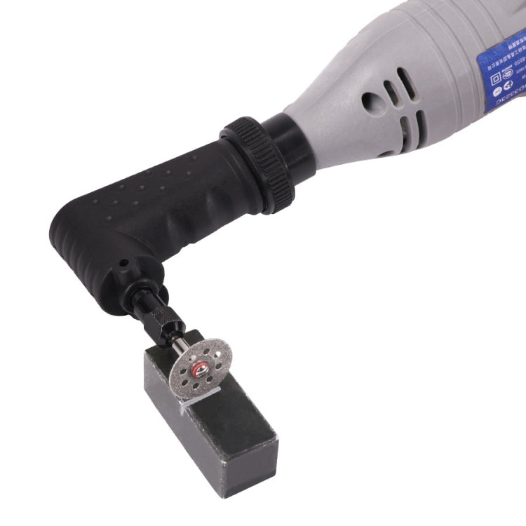 Right angle rotary tool attachment mounted on a handheld rotary tool with sanding wheel