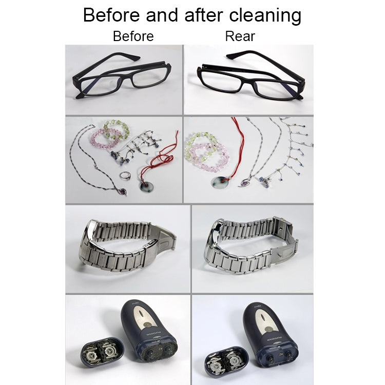 Ultrasonic cleaner before/after collage with jewelry and watch parts